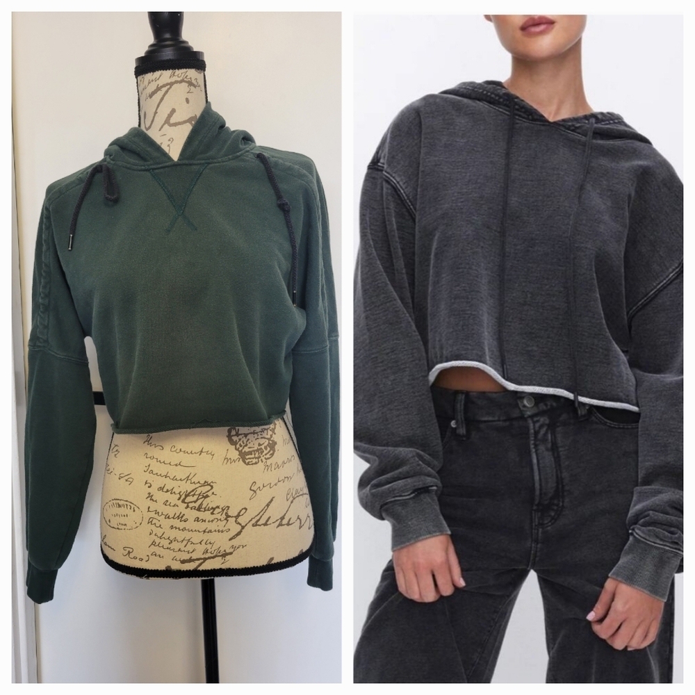 Good American Green Cropped Baggy Boxy Fit Hoodie Sweatshirt Size 2